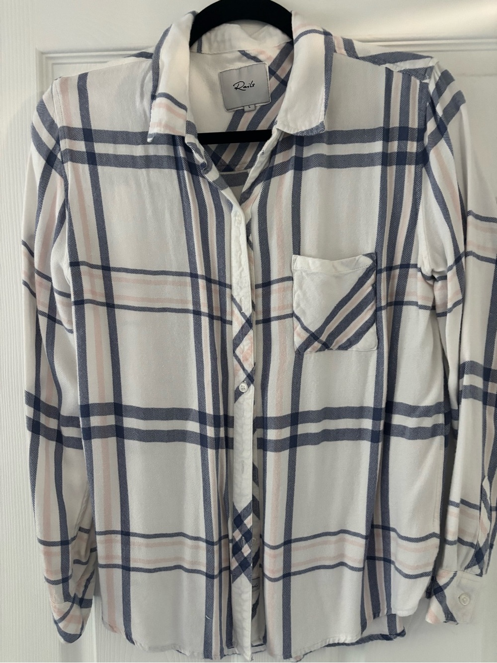 Rails Women’s White Plaid Button-Up Shirt with Blue and Tan Stripes